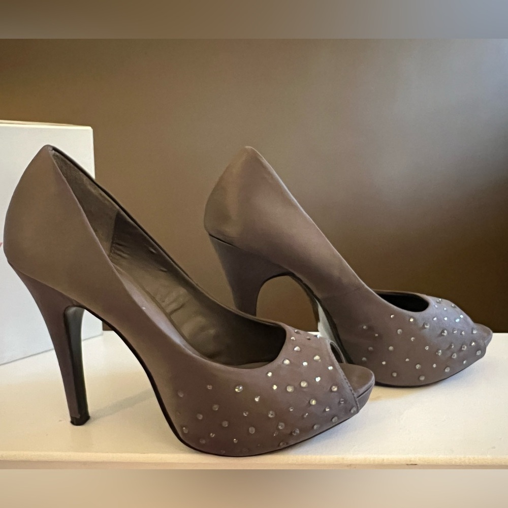 Lulu Townsend  Satin Grey Peep-Toe Heels with rhinestones